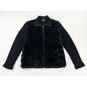 Vintage Y2K Faux Fur Sweater Jacket Full Zip Mob Wife 90s Glam Black Women's M